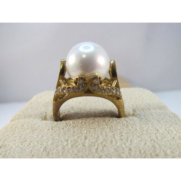 Faux Pearl Green and Clear Rhinestone Sterling Silver Gold Vermeil Ring Size 8.2 - Picture 11 of 12